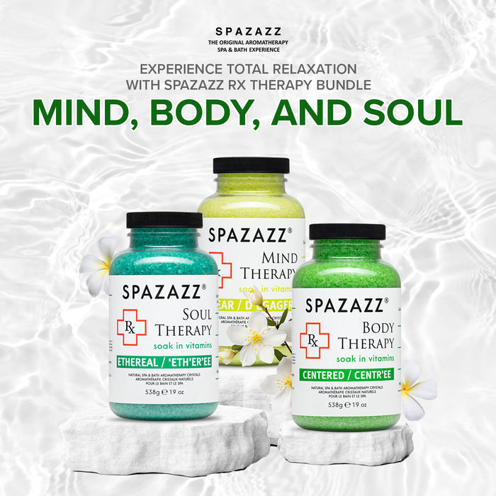 RX Therapy Spa and Hot Tub Aromatherapy Scented Relaxation Bath Salt Crystals - Mind Body and Soul Bundle Gift Set by Spazazz (19 Oz) Includes 5 Point Full Body Massage Tool & Hot/Cold Towel