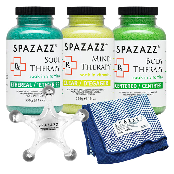 RX Therapy Spa and Hot Tub Aromatherapy Scented Relaxation Bath Salt Crystals - Mind Body and Soul Bundle Gift Set by Spazazz (19 Oz) Includes 5 Point Full Body Massage Tool & Hot/Cold Towel