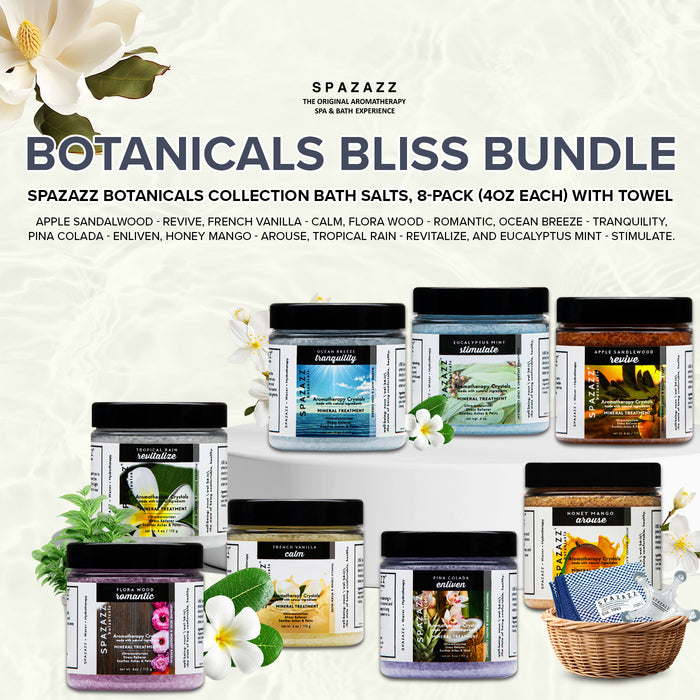 Botanicals Bliss Bundle: Spazazz Botanicals Collection Bath Salts, 8-Pack (4oz each) with Towel